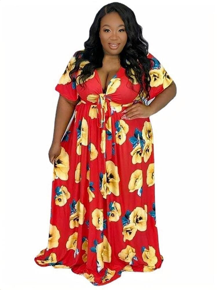 Women Summer Dress Chic and Elegant Casual Red Dress Lady Plus Size Long Maxi Dress Wholesale Bulk Dropshipping alx