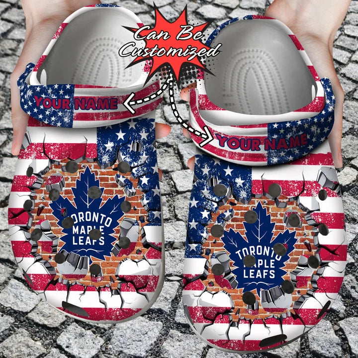 Hockey Crocss – Personalized T.Maple Leafs American Flag Breaking Wall Clog Shoes