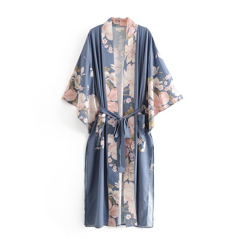 Bohemian V neck Peacock Flower Print Long Kimono Shirt
