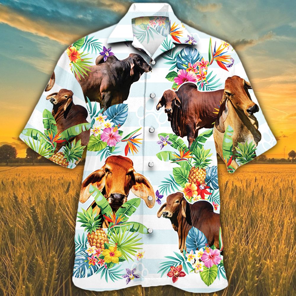 Red Brahman Cattle Lovers Tropical Flower Hawaii Cow Hawaii Shirt For Men Women Ha43428