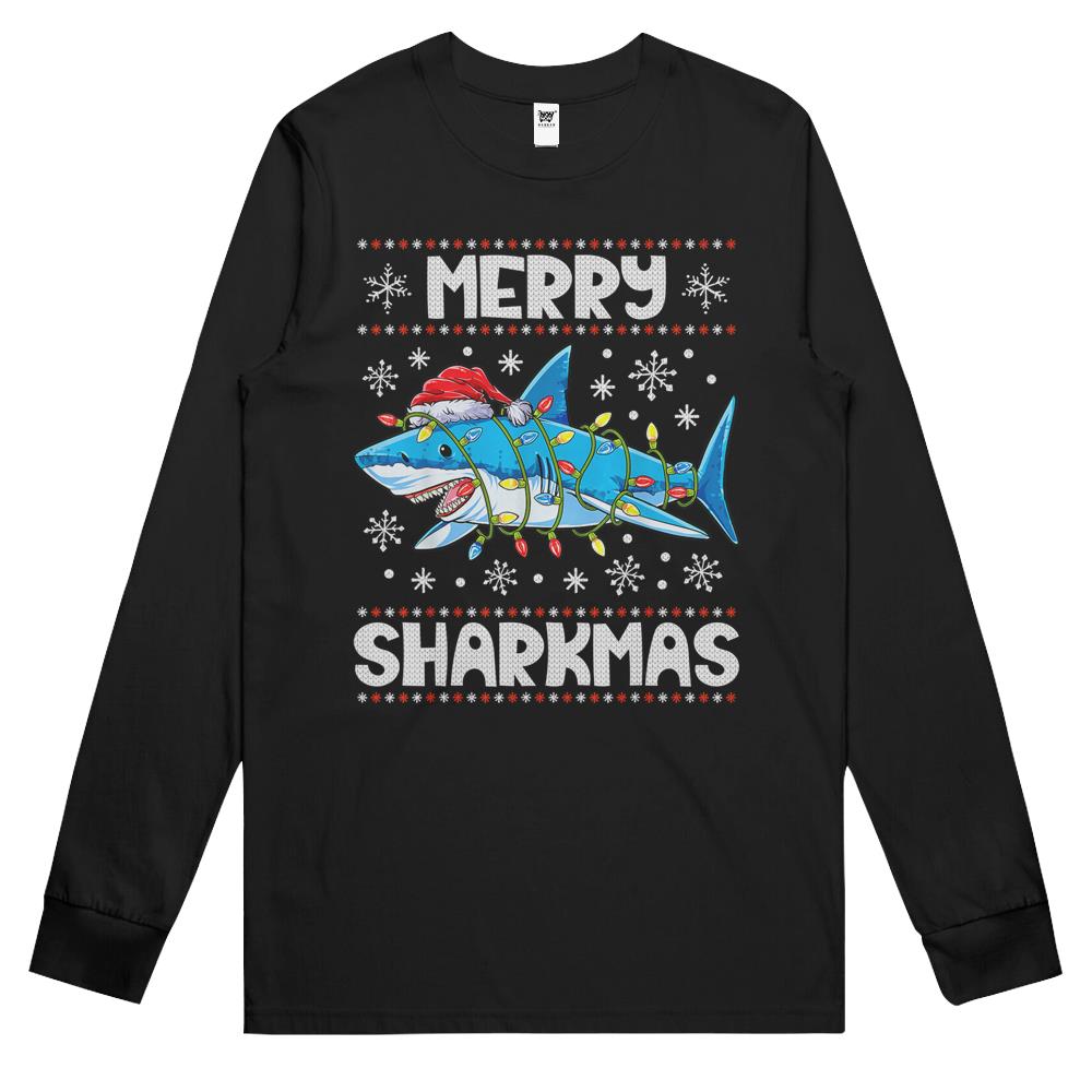 Merry Sharkmas Shark Santa Ugly Christmas Lights Boys Xmas Long Sleeve T-Shirt