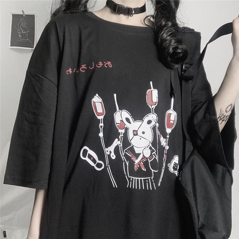 Punk Summer Loose Vintage Women Tshirt Ulzzang Rabbit Street Harajuku Cartoon Print Short Sleeve Dropshipping Clothes