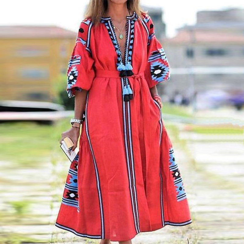 Autumn French Style Women Casual Dress Kaftan Print Large Swing A-line Maxi Vestidos Eid Mubarak Abaya Sundress Robe Large Size alx