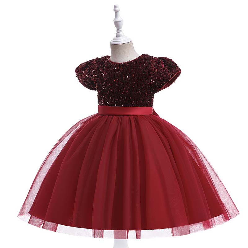 2022 Party Dresses Elegant Sequined Tulle Frock Bowknot Birthday Princess Vestidos Kids Clothes Summer Dress for Girls alx