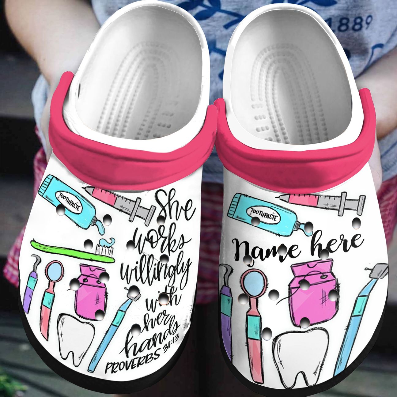 Dentist Personalized Clog, Custom Name, Text, Color, Number Fashion Style For Women, Men, Kid, Print 3D She Works Willingly With Her Hands