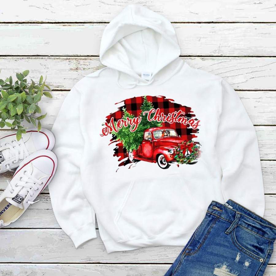Red car merry christmas plaid christmas tree white hoodie for men and women S-5XL