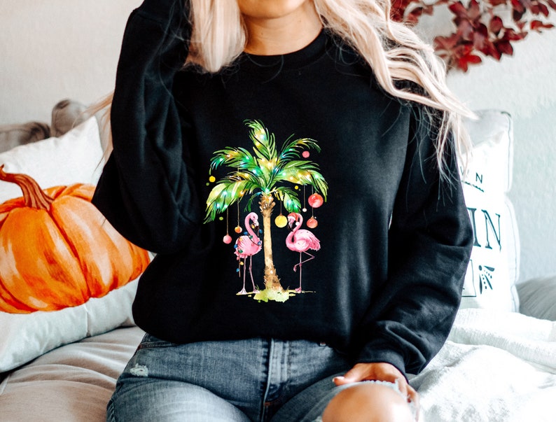 Palm Flamingo Christmas Sweatshirt 2D Crewneck Sweatshirt All Over Print Sweatshirt For Women Sweatshirt For Men Sws5087