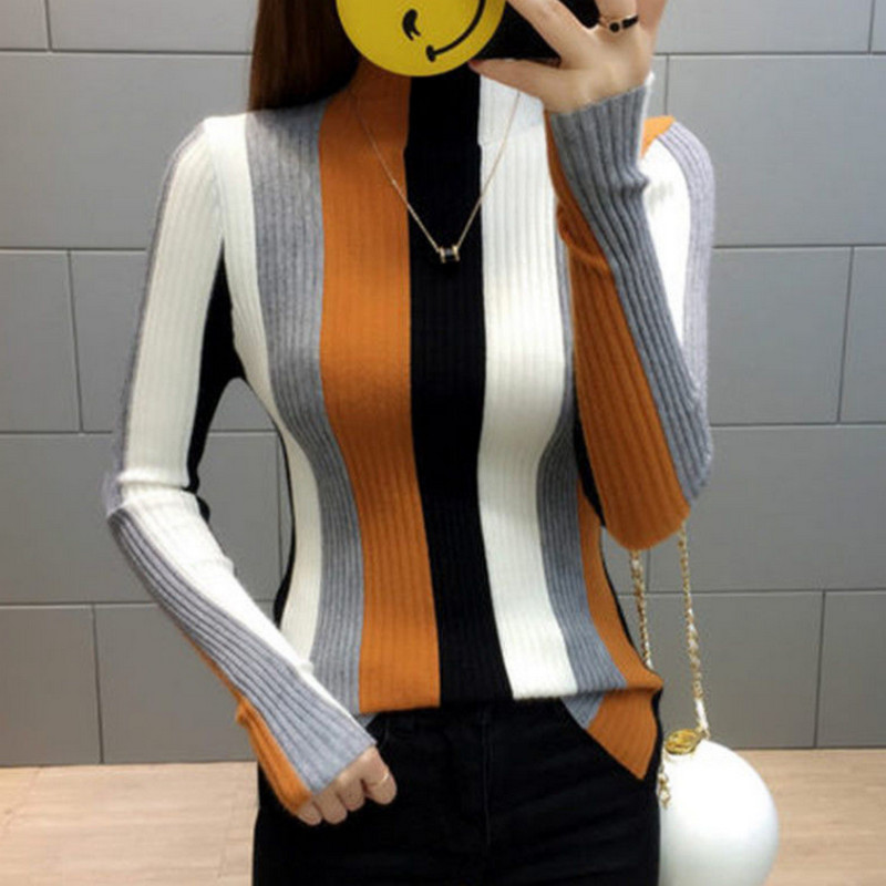 Women Turtleneck Sweaters Autumn Winter Korean Slim Stripe Pullover knitwear Women Basic Tops Casual Sweater Soft Warm Jumper alx