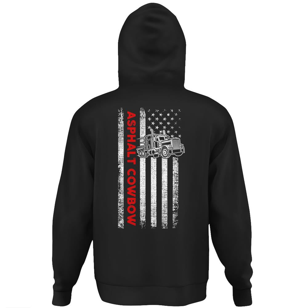 Asphalt Cowboy – Patriotic Trucker – American Flag Hoodie Print On Back