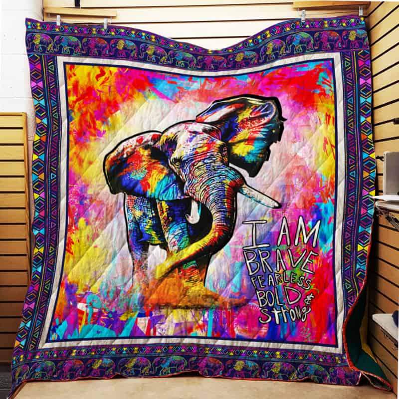 Hippie Elephant  I Am Brave Fearless  Quilt Blanket