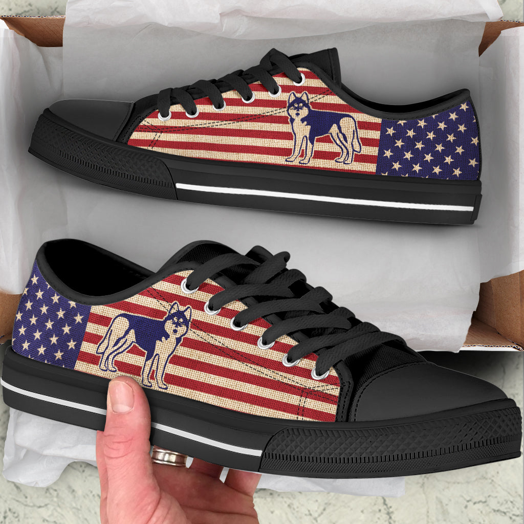 Husky Dog Low Top Shoes Usa Flag Canvas Shoes – Best Shoes For Dog Lover, Best Gift For Dog Mom
