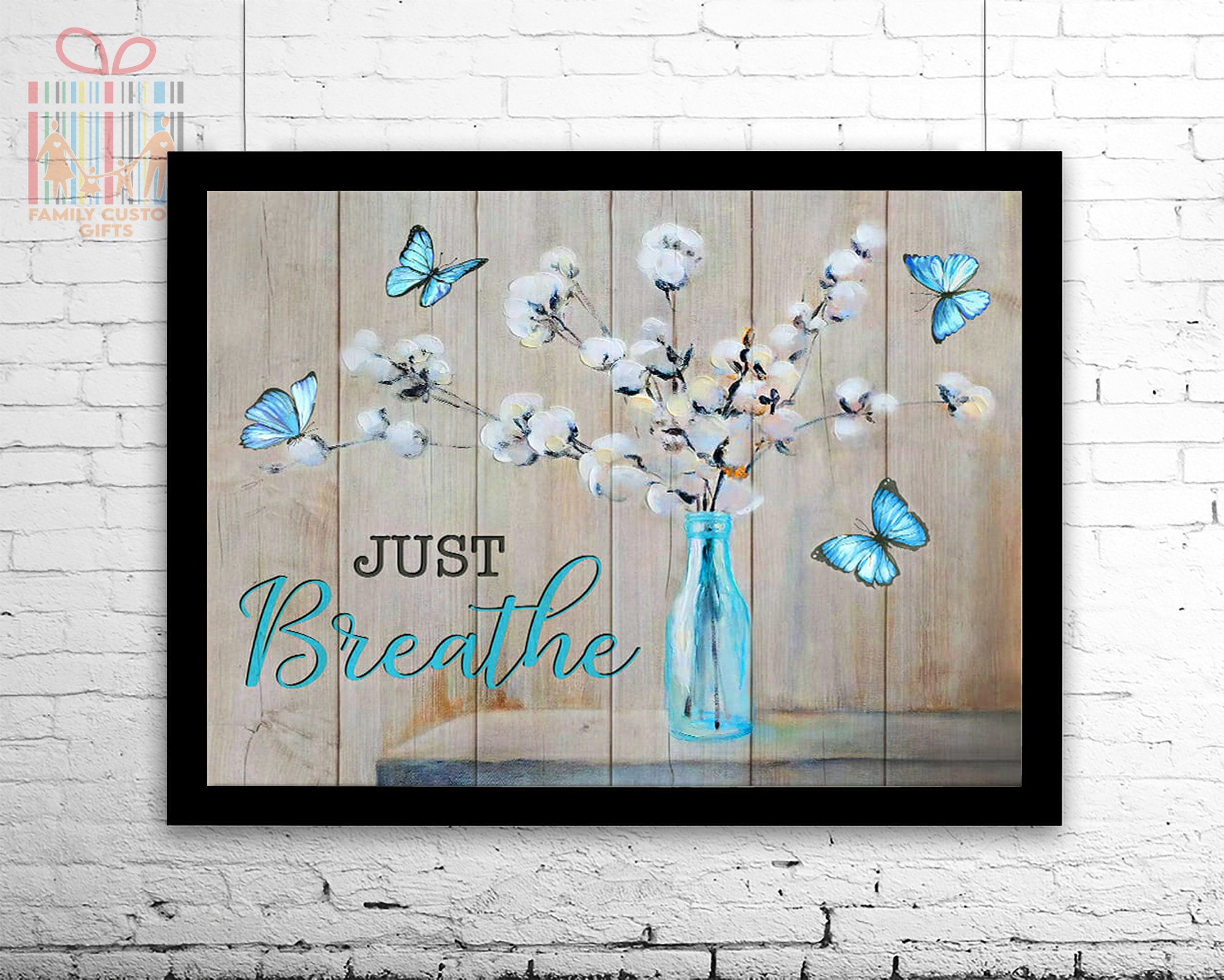 Custom Framed Canvas Prints Just breathe Cotton Flowers and Butterfly Canvas Wall Art – Gift for Family