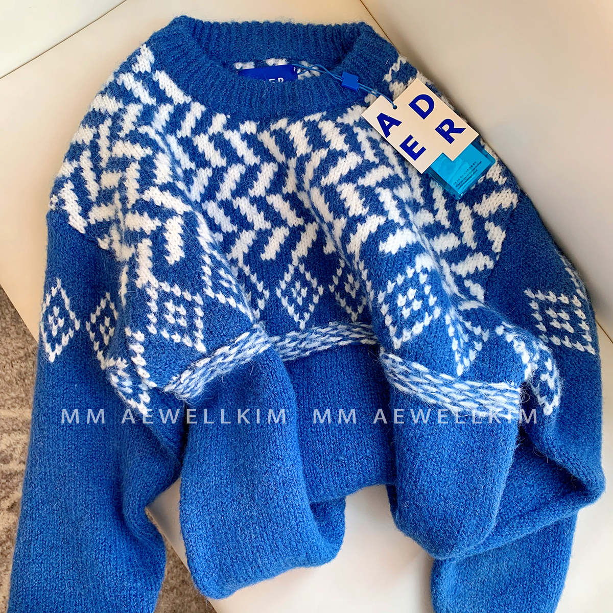 Ader error Autumn and winter fashion vintage jacquard couple knitwear blue loose men and women pullover bottoming sweater alx