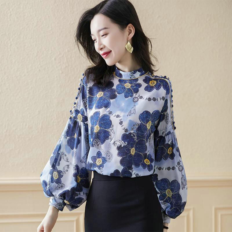 Vintage Elegant Stand Collar Floral Printed Lady Blouse Lantern L.ong Sleeve Button Patchwork Shirt Spring 2022 Women’s Clothes alx