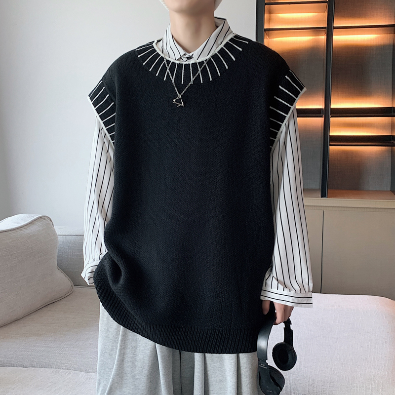 Sweater Vest Men Crewneck Japanese Teens Dynamic Retro Handsome Casual Streetwear Knitting Baggy All-match Students Ulzzang Ins alx