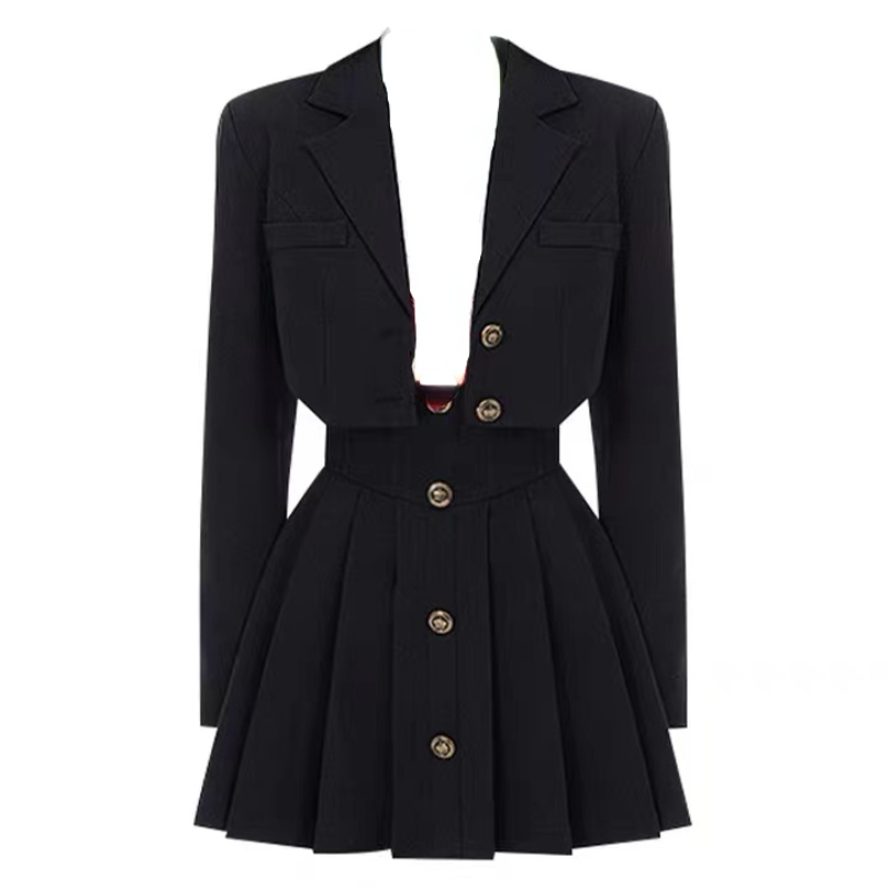 2 Piece Dress Set Short Blazer Cardigan Long Sleeve Slim Tops Woman + Casual Black Mini Skirt Button Korean Suit 2022 Autumn alx