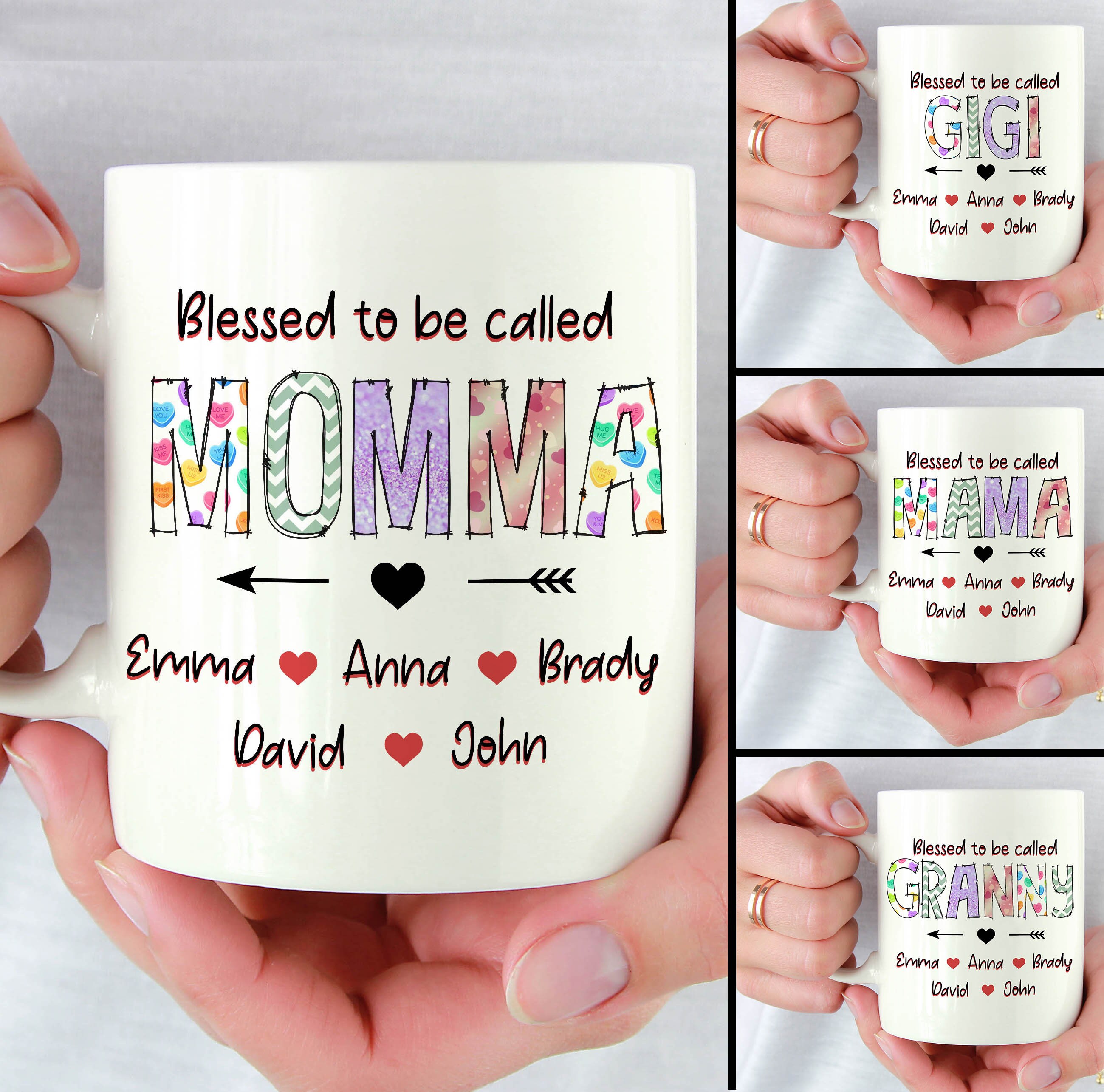 Personalized Bundle Blessed To Be Called Momma Cup, Customized Heart Mug, Gift Ideas For Nana, Mother’s Day Gift, Gift From Kids.