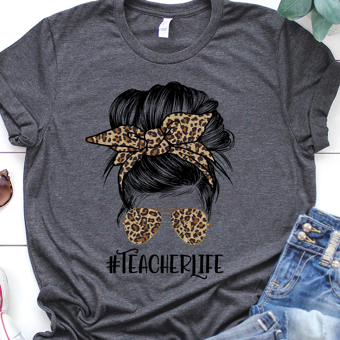 Teacher Life Messy Hair Bun Leopard Women Funny Teacher – Standard T-Shirt