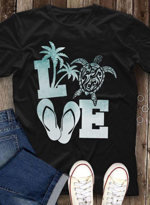 Love The Beach Llip Flop Sea Turtle Palm Tree For Beach Lover Cotton T-Shirt