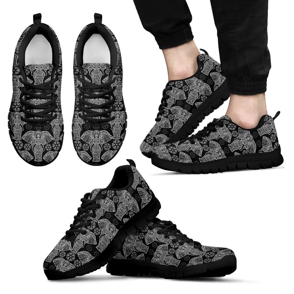 Black Elephant Mandala Print Black Sneaker Shoes For Men Women