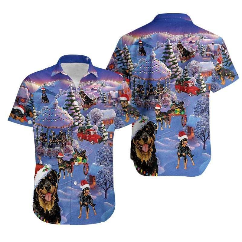 Get Here Funny Santa Rottweiler Blue Hawaii Aloha Shirts Ha63346