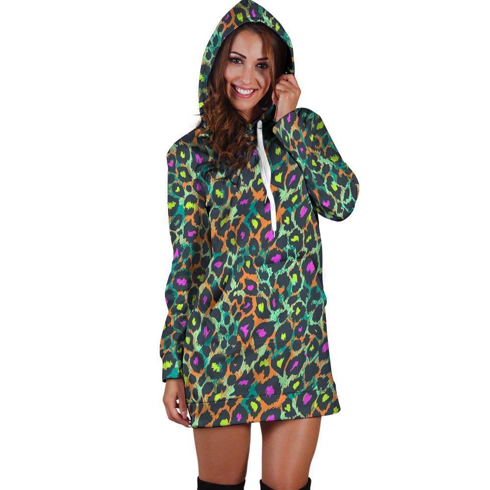 Colorful Neon Leopard Hoodie Dress