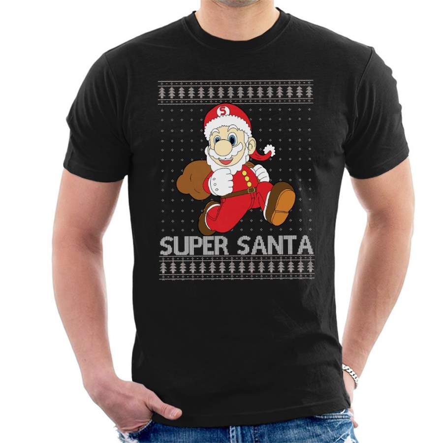 Super Mario Santa Christmas Knit Pattern Men’s T-Shirt