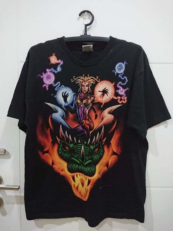 Vintage 1998 Liquid Blue Gypsy Mystic Dragon Jacob Mage And Dragon Big Print Shirt Size 21 Good Condition Shirt