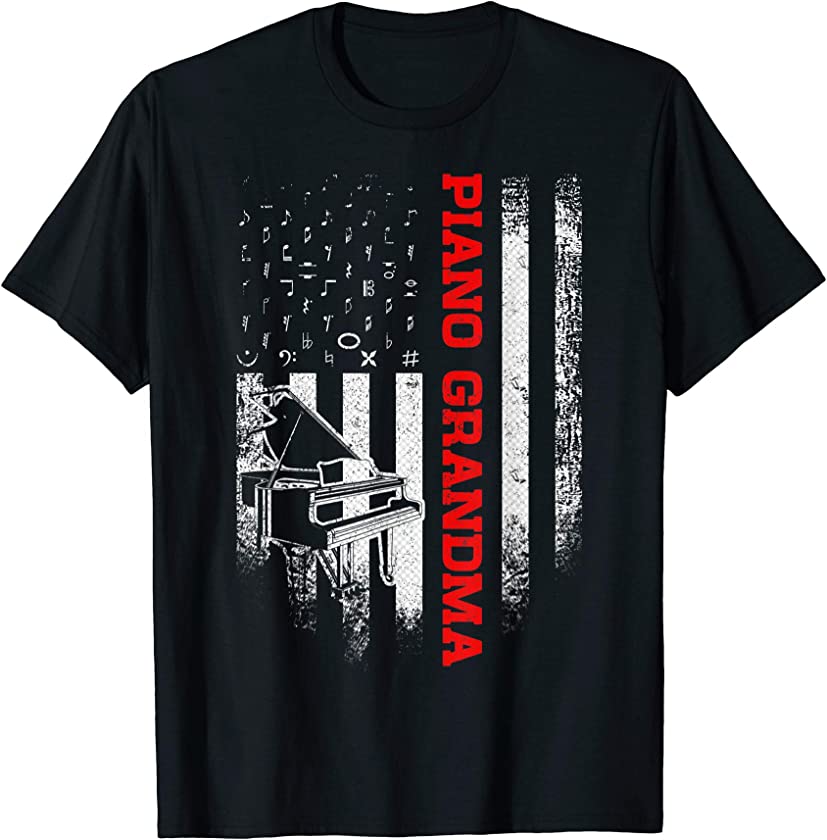 Vintage USA American Flag Piano Grandma Pianist Silhouette T-Shirt