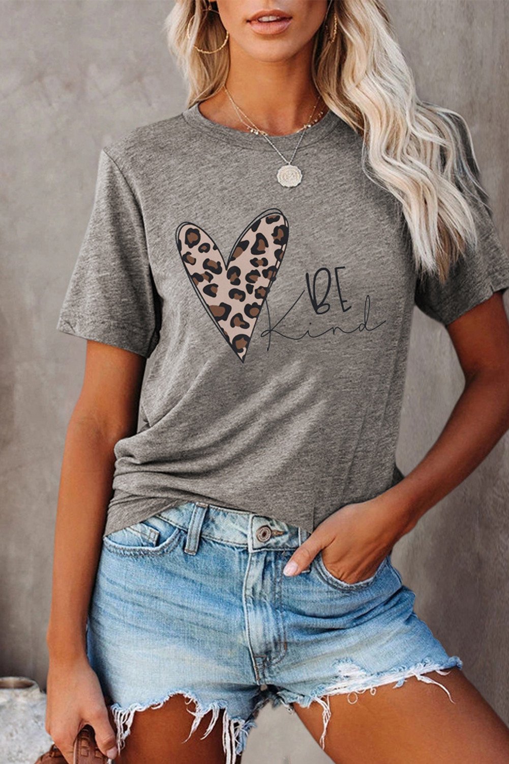 BE Kind Leopard Heart Print Gray T-shirt