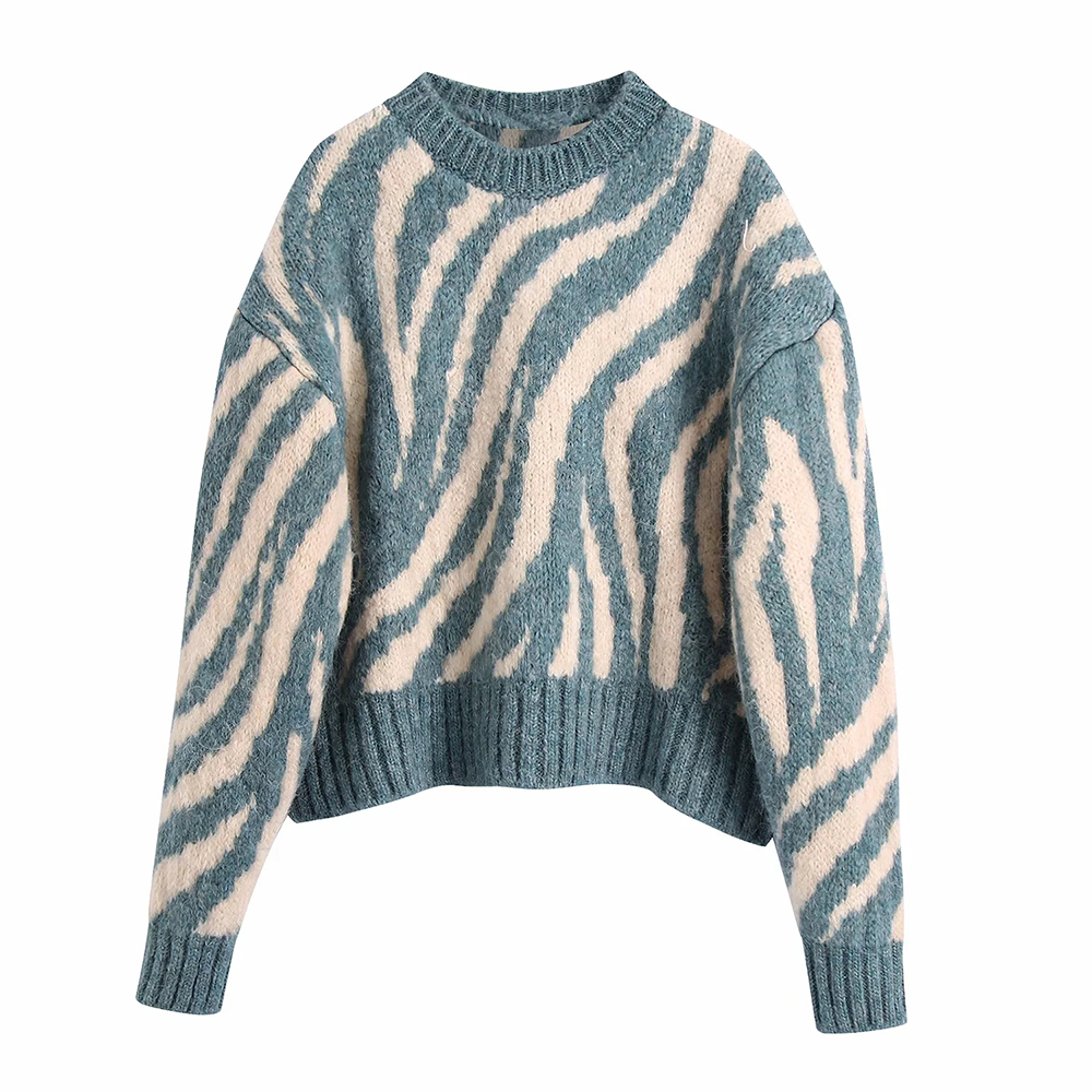 xikom 2021 Spring Autumn Women Vintage Round Neck Zebra Pattern Sweater Female Casual Loose Pullover Long Sleeve Chic Top alx