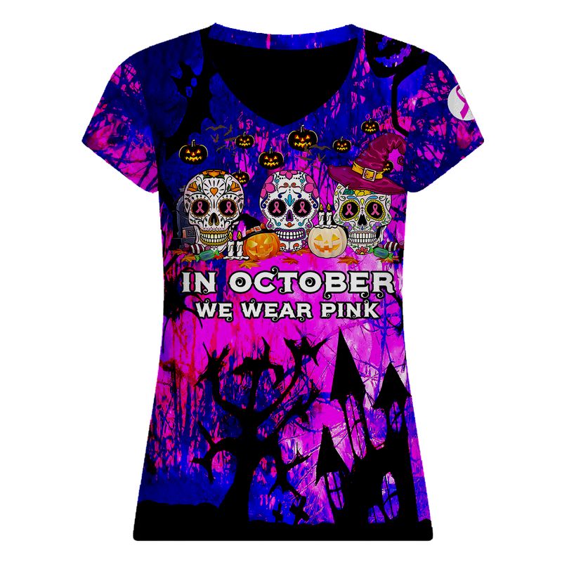 Breast Cancer Awareness Halloween Night Skulls In October We Wear Pink V Neck Tshirt Hg