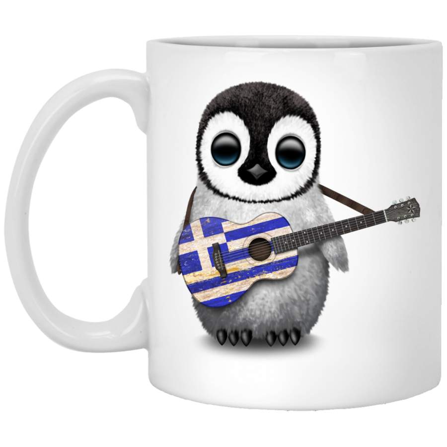 Baby Penguin Playing Greek Flag Guitar Mug 11 oz. White Mug