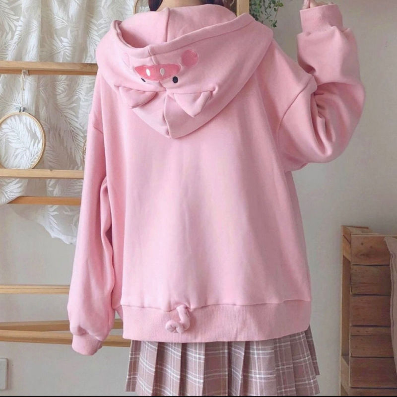 Autumn Winter College Japanese Style Girl Hooded Sweatshirt Cute Pig Ears Korean Fashion Student Loose Hoodies Female Jacket alx