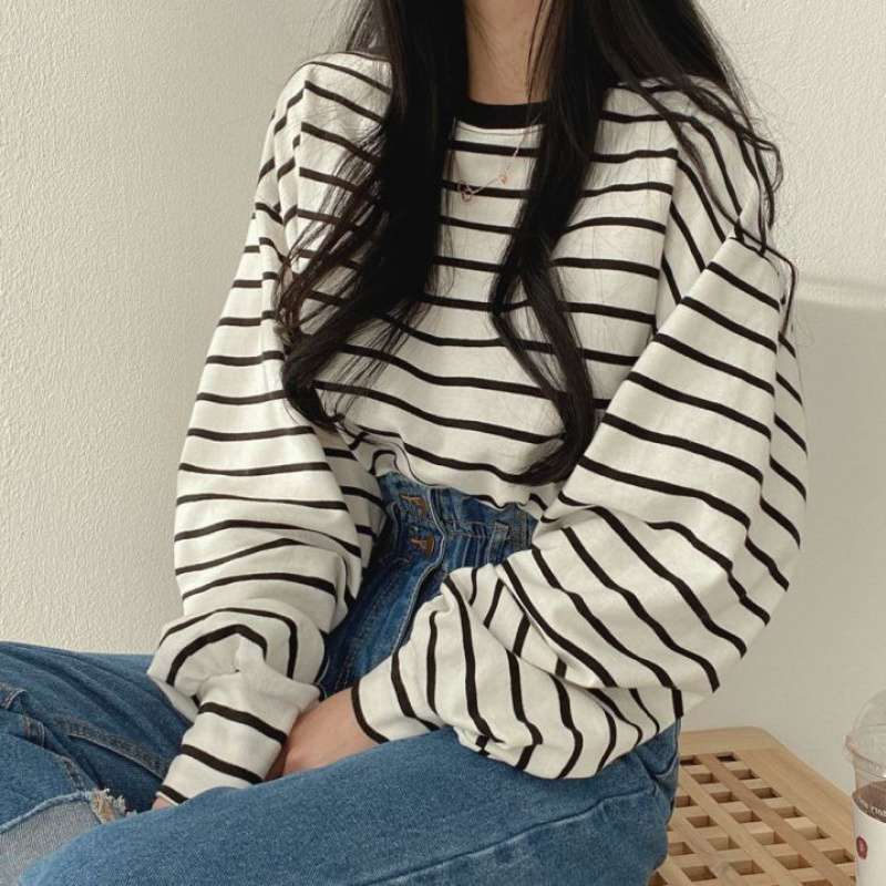 Women Sweatshirt Striped Long Sleeves Casual Loose Pullovers O-Neck Korean Fashion Oversized Sweatshirt Sweatshirt with Hood alx