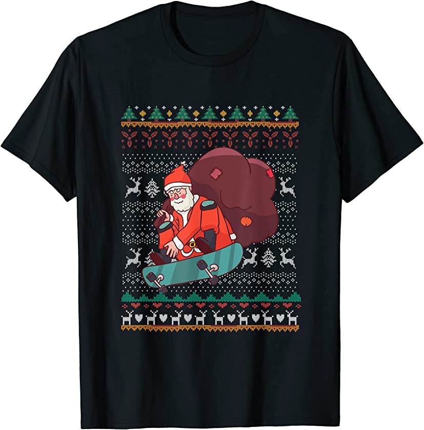 Ugly Christmas Skateboard Santa Claus New Year Skateboarding T-Shirt