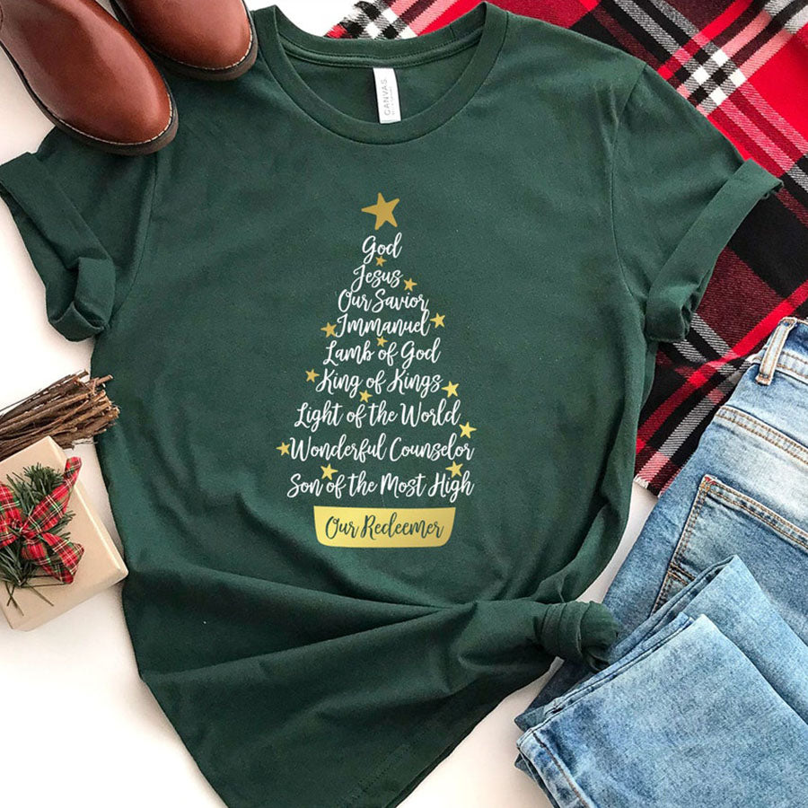 Names Of Jesus Shirt, Christmas Tree Shirt, Jesus Name Tree, Christmas Gift Ideas, Holiday Shirt, Women’S Christmas Shirt, Religious Shirt