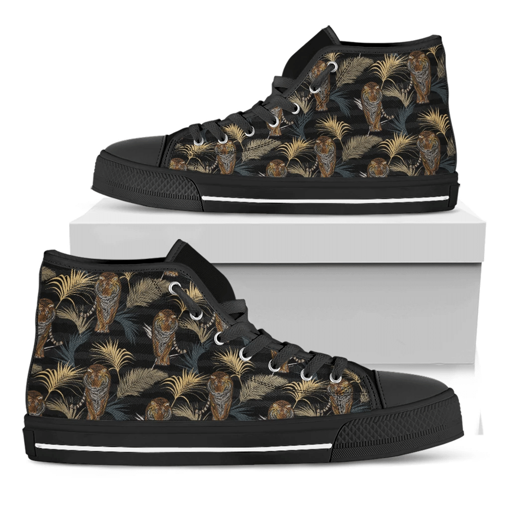 Vintage Tropical Tiger Pattern Print Black High Top Shoes For Men And Women