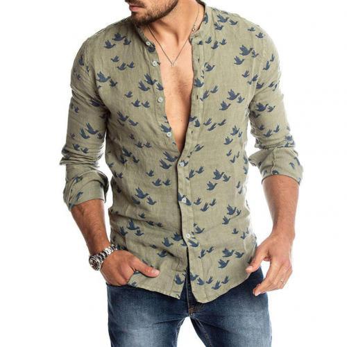 Casual Pigeon Print Buttons Linen Dress Shirts