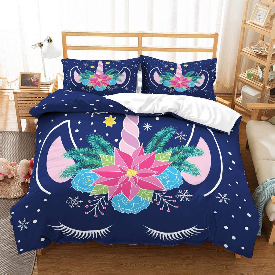 3D Cartoon  Blue Unicorn  Quilt Cover Set Bedding Set Pillowcases