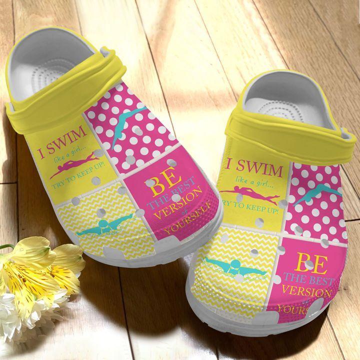 Swimming Personalize Clog, Custom Name, Text, Fashion Style For Women, Men, Kid, Print 3D I Swim Like A Girl Try To Keep Up