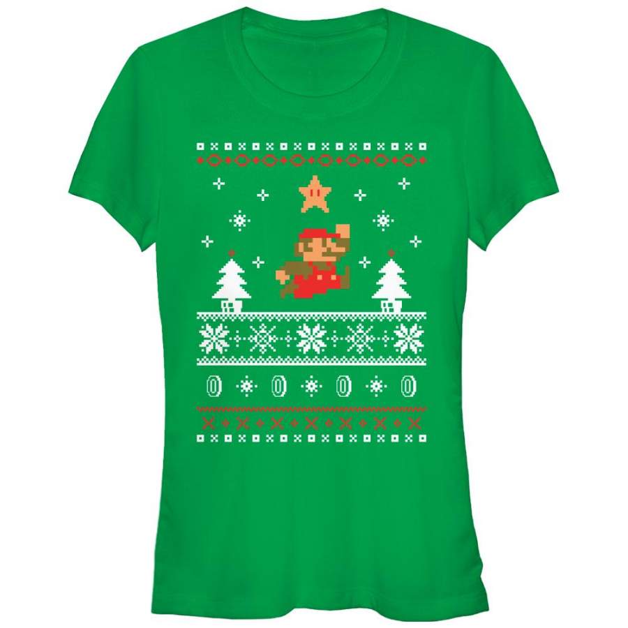 Nintendo Junior’s Ugly Christmas Mario Jump Star  T Shirt Kelly Green