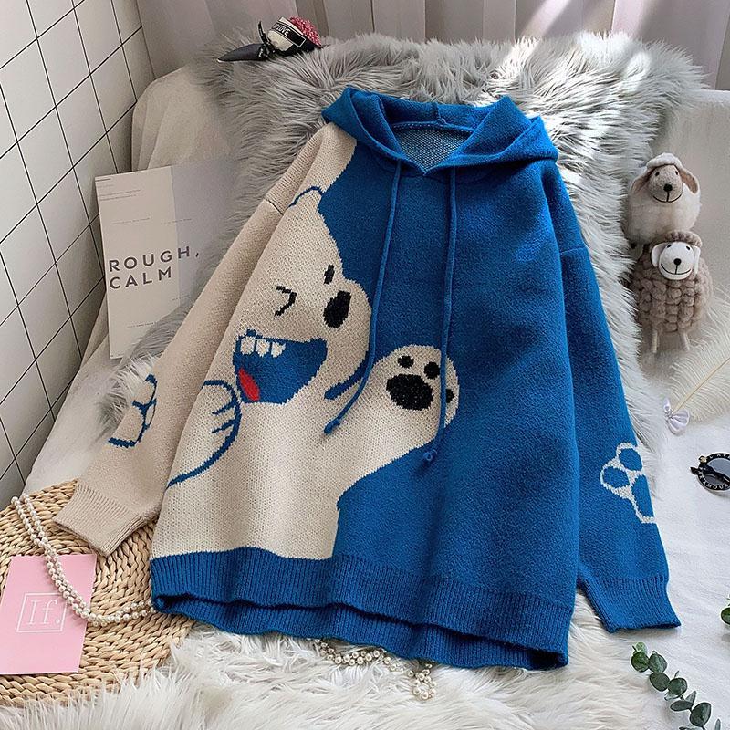 Cute Knitwear Pullover With Hat Bear Winter Women Loose Sweater Soft Thick Jumpter Femal Full Sleeve Top alx