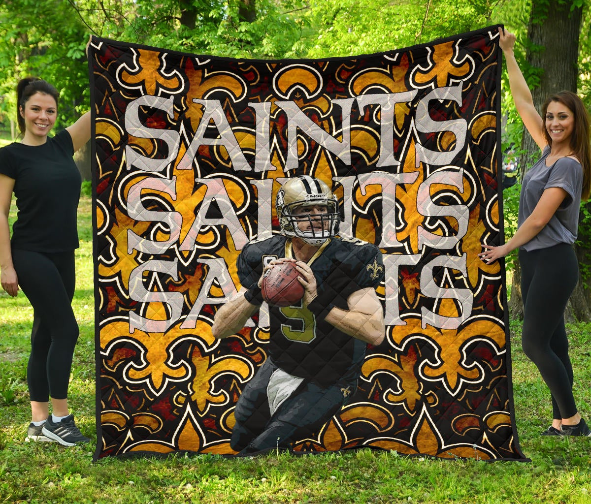 New Orleans Saints American Football Team Drew Brees 09 Saints Doodle Background Premium Quilt Blanket