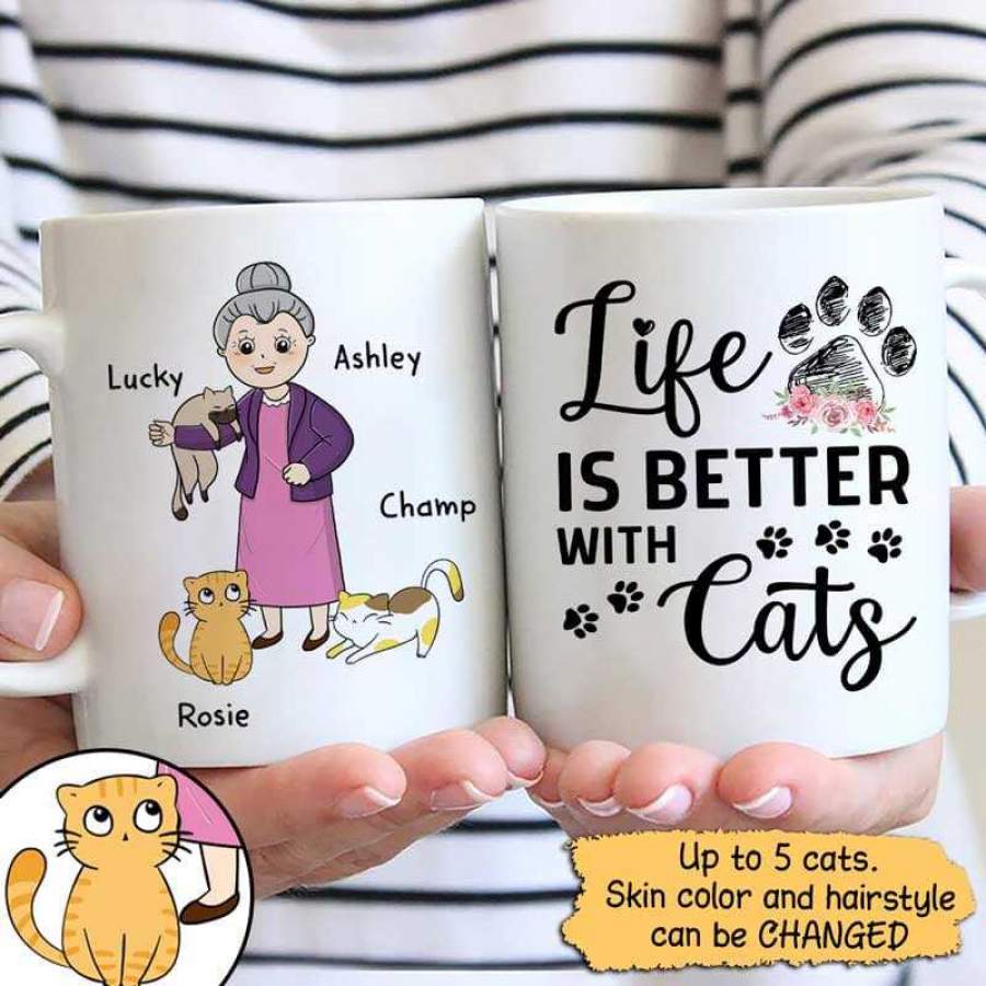 Better With Cats Chibi Old Woman Personalized Mug