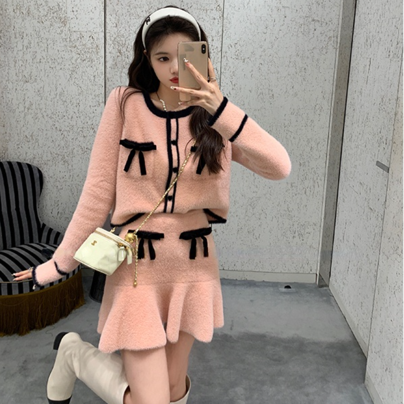 2021 Autumn Elegant Two Piece Set Women Korean Fashion Bow Designer Mini Skirt Suits Female Pink Y2k Patchwork Casual Kawaii Set alx