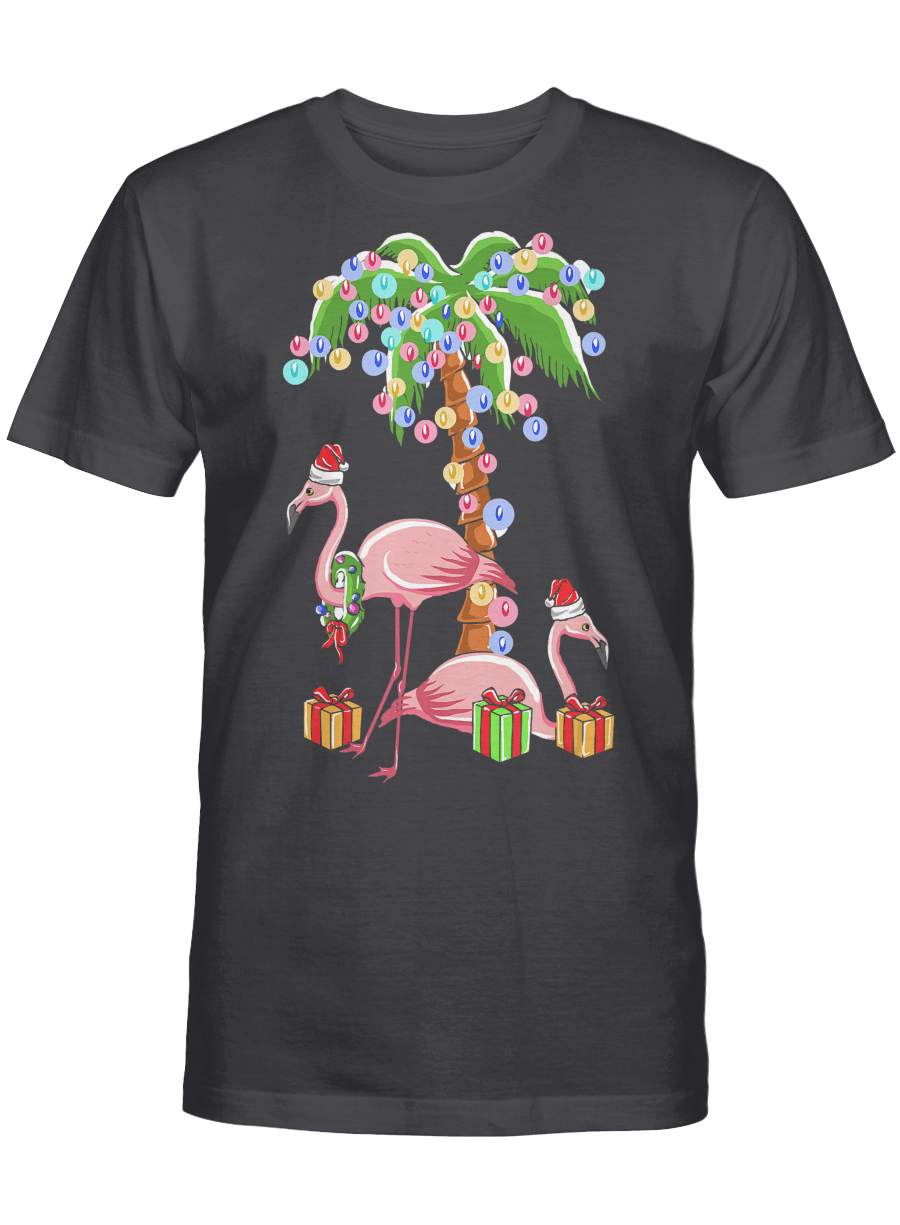 AmazeStyleZ Santa’s Reindeer, Ugly Christmas Sweater, Christmas Gift Ideas, Christmas Flamingo Funny Shirt Santa By Sea Palm Tree Lights T-Shirt