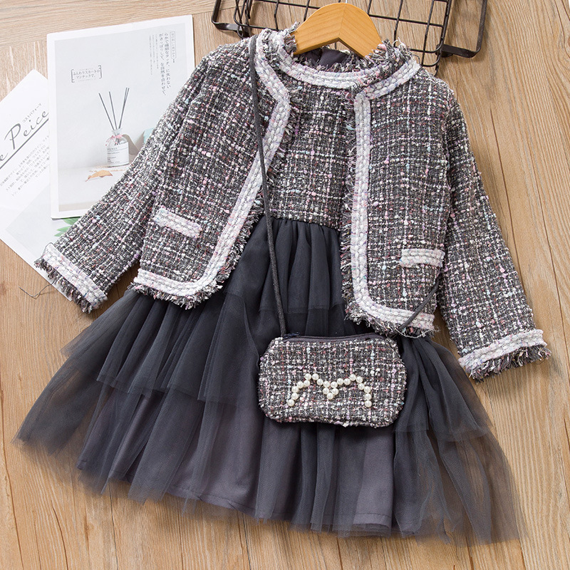 2019 autumn new medium and small children’s jacket foreign small fragrance set solid color jacket plus long skirt plus bag alx