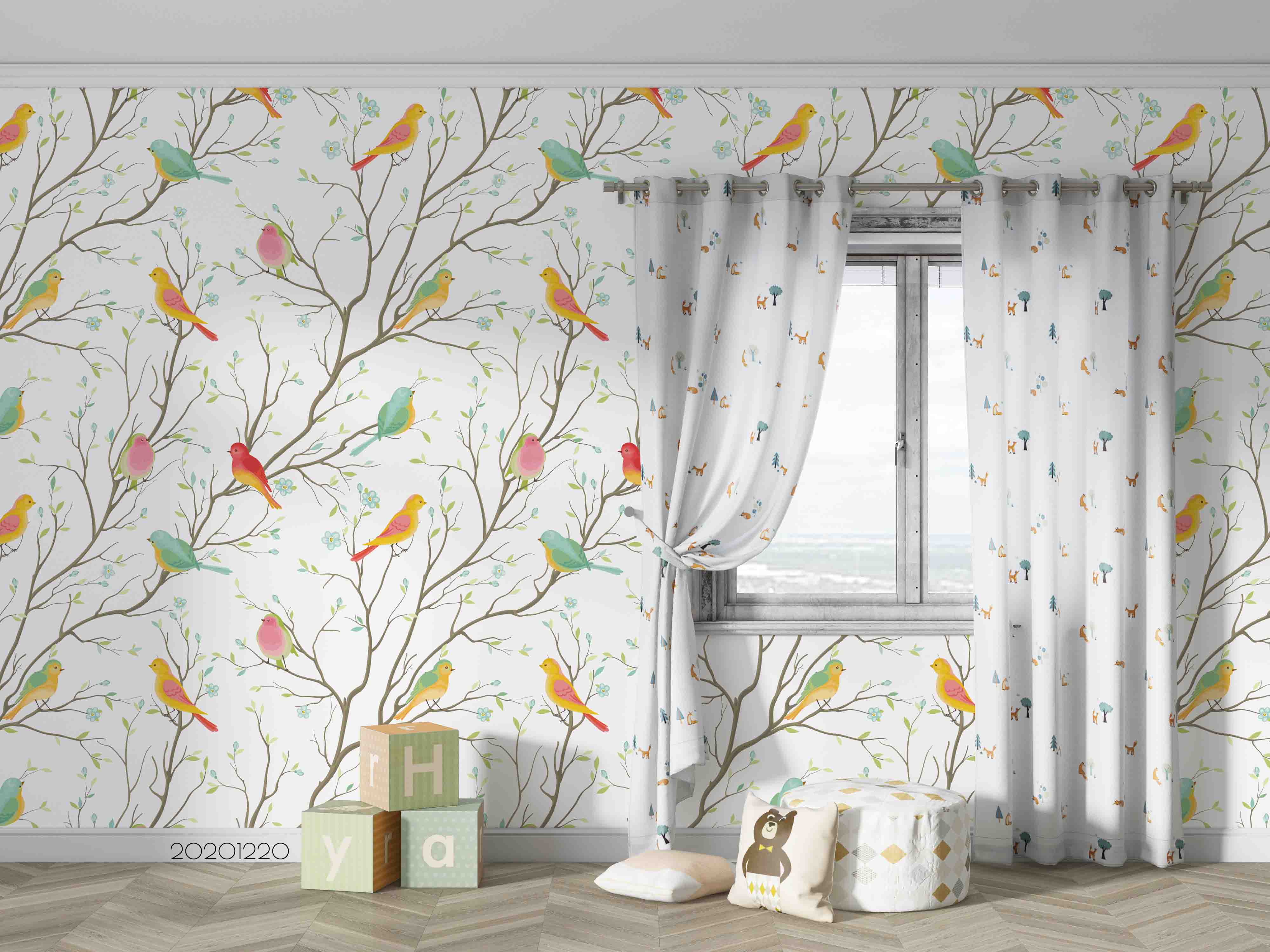 3D Hand Drawn Animal Color Bird Branch Wall Mural Wallpaper Lqh 77