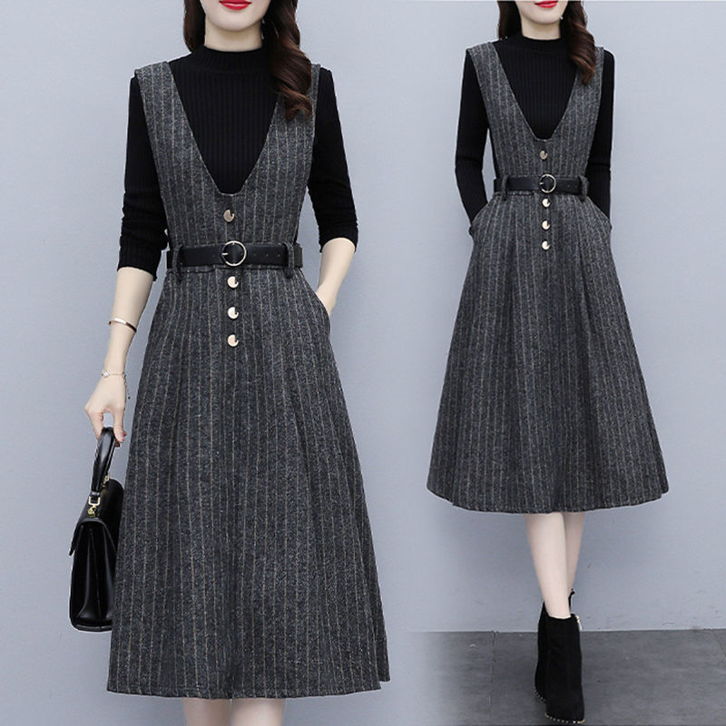 Two Piece Dress Set Women Autumn Winter Solid Base Sweater and Sleeveless Calf-Length Stripe Long Dresses Suits with Belt E470 alx